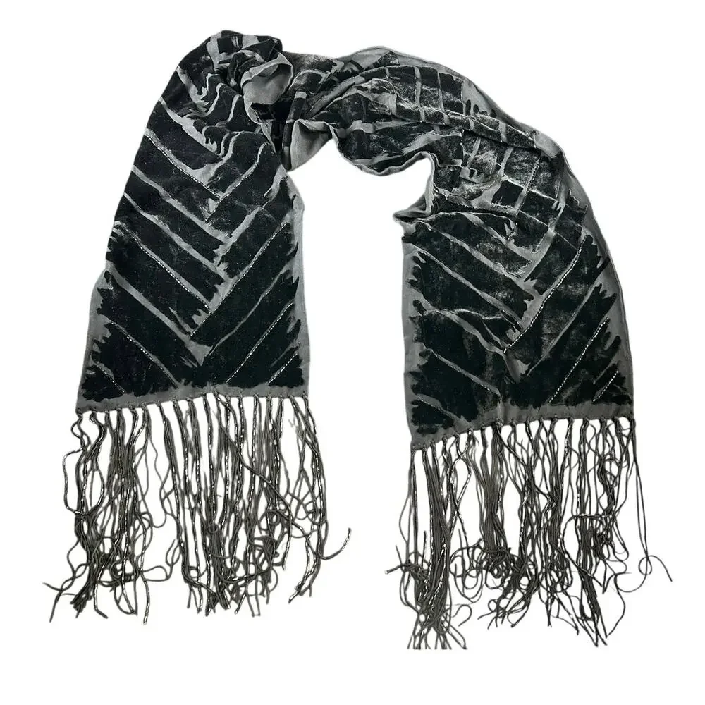 Vtg Shawl -58x 9.5”Crushed Burnout- Black beaded tassel fringe whimsigoth